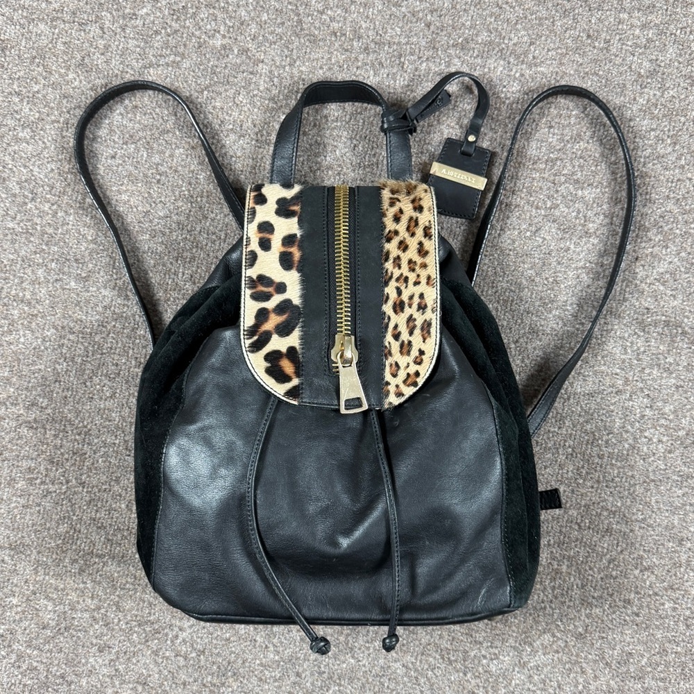 A. Bellucci Black Genuine Leather Suede Pony Hair Leopard Print Backpack Handbag